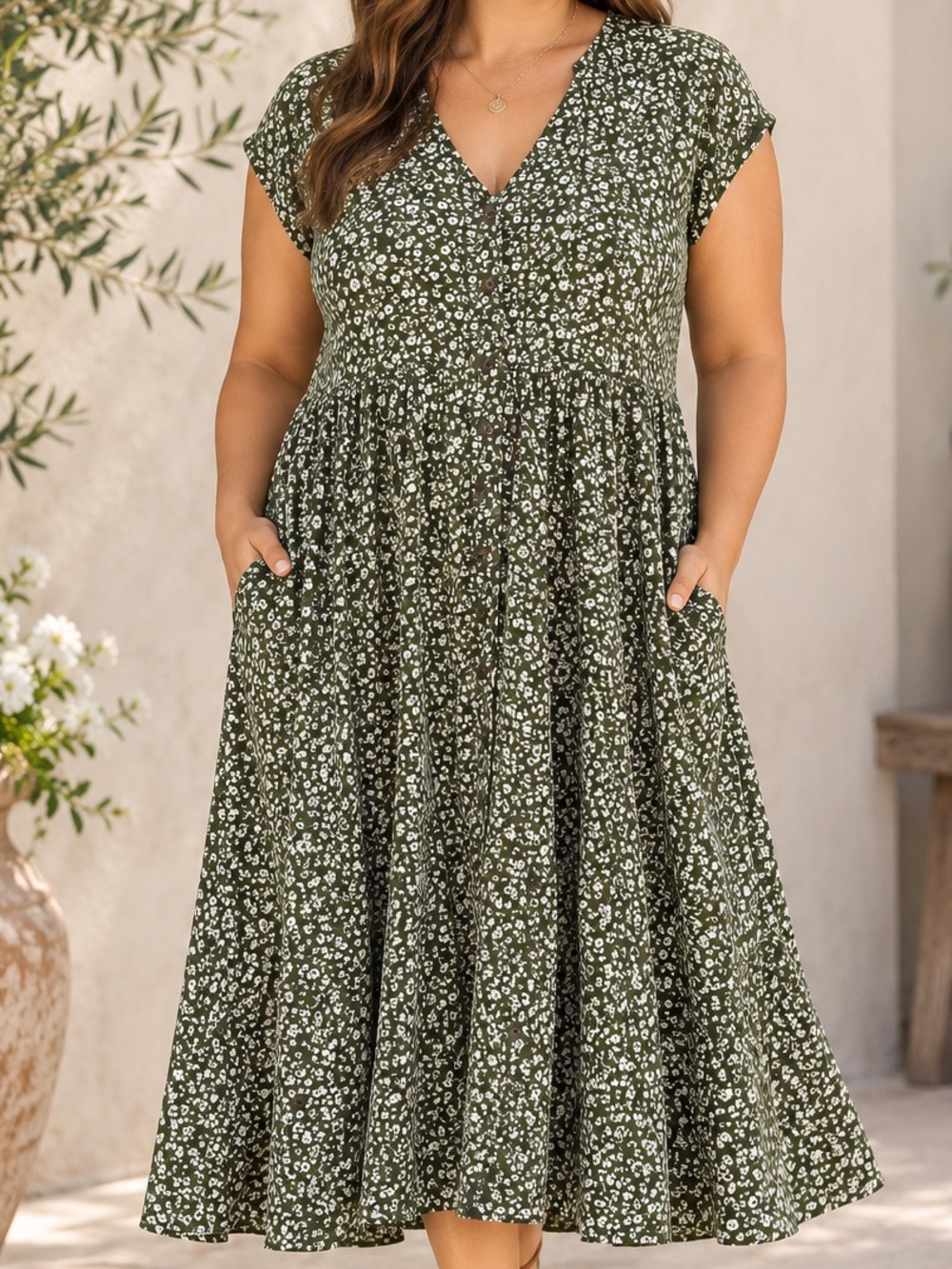 Madewell Button Front Dress XL w Pockets Green Floral Viscose Cottagecore Boho